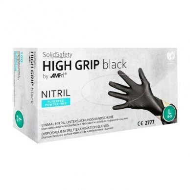 Vienkartinės itin tvirtos nitrilo pirštinės be pudros SolidSafety High Grip, juodos, XL dydis, 100vnt.,